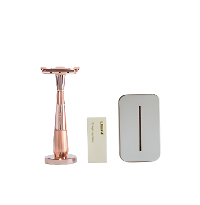 This Leaf Shave starter kit features The Twig razor in rose gold, a box of 50 single-edge blades and a blade recycling tin