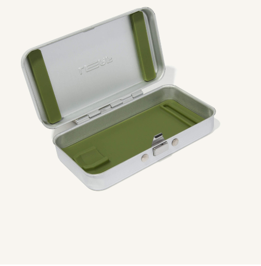 The Twig Case 'neutral', constructed from aluminum, with a lunch-box hinge, push-button latch, and silicone inserts