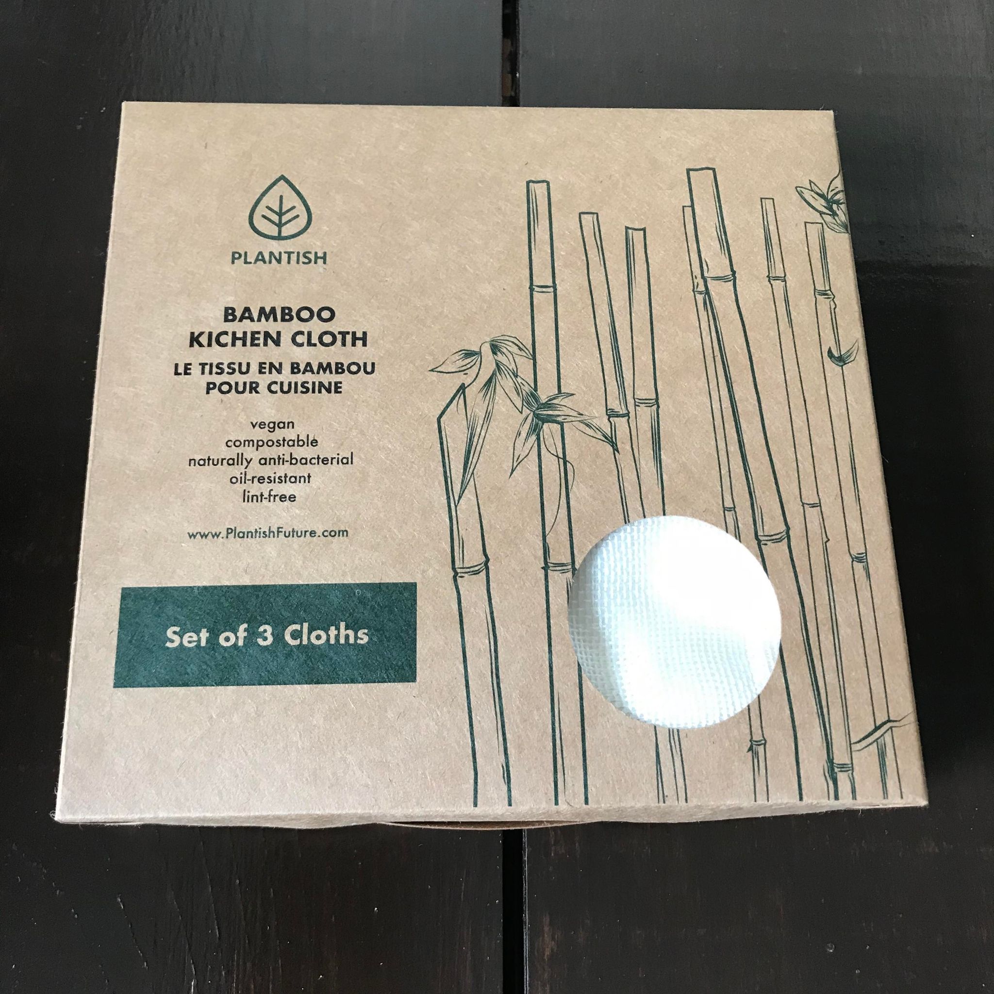 Plantish compostable, antibacterial, oil-resistant and lint-free set of 3 bamboo cloths in a box