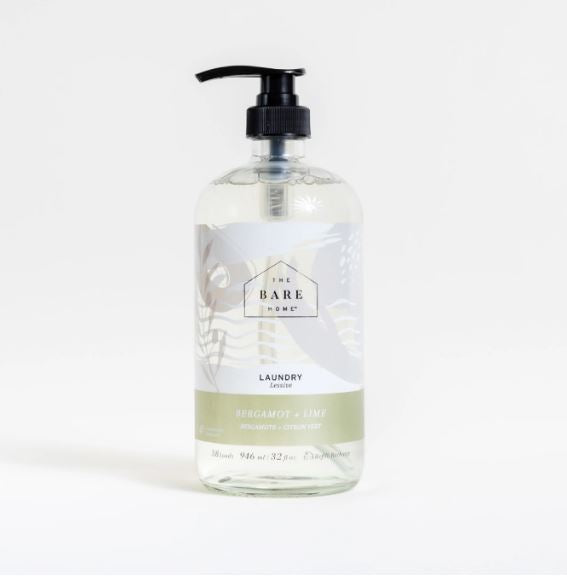 bergamot lime natural liquid laundry detergent in a refillable 946 ml glass pump bottle made in Canada by the bare home