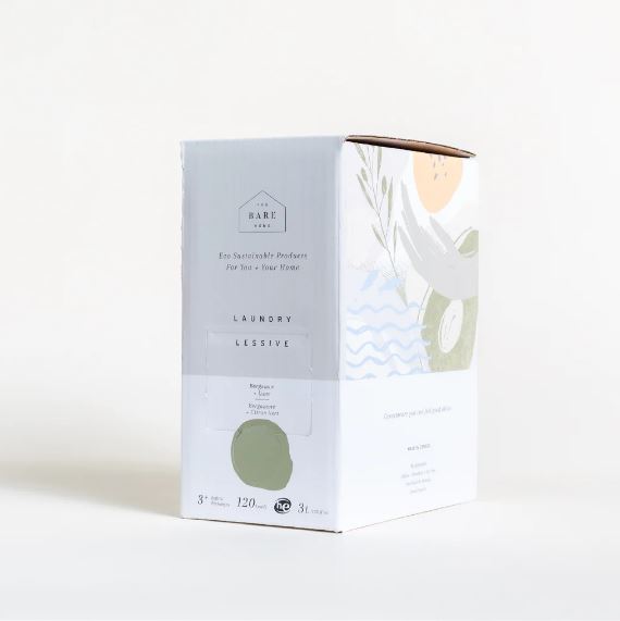 natural bergamot lime laundry detergent in a 3 L refill box made in canada by the bare home