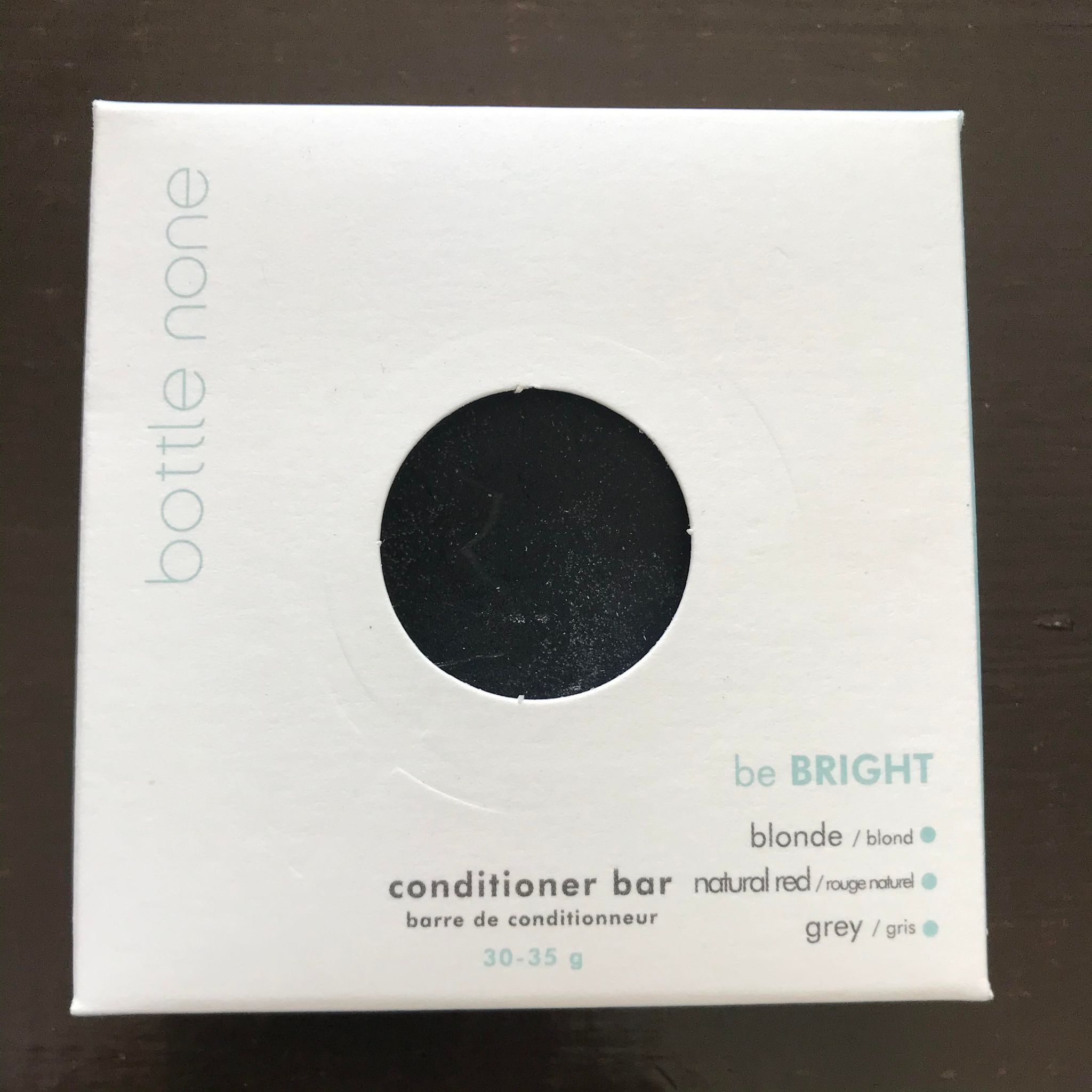 be bright bottle none conditioner bar in a zero waste box for blonde, natural red  or grey hair made in canada