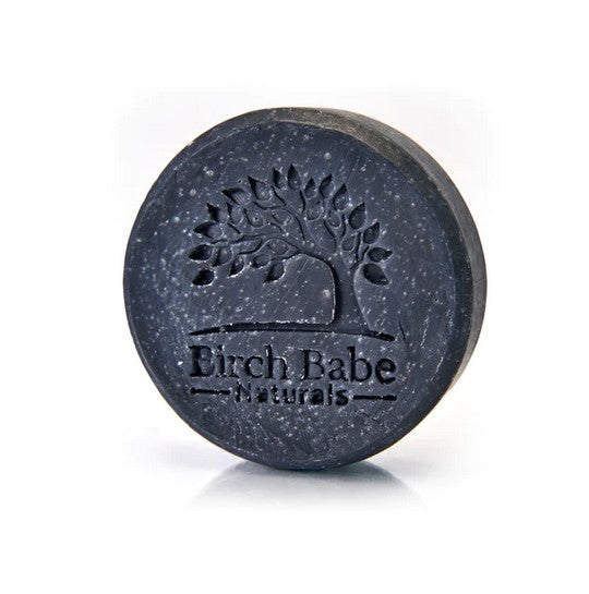 Canadian made Birch Babe round facial activated charcoal soap made for gently cleansing your skin