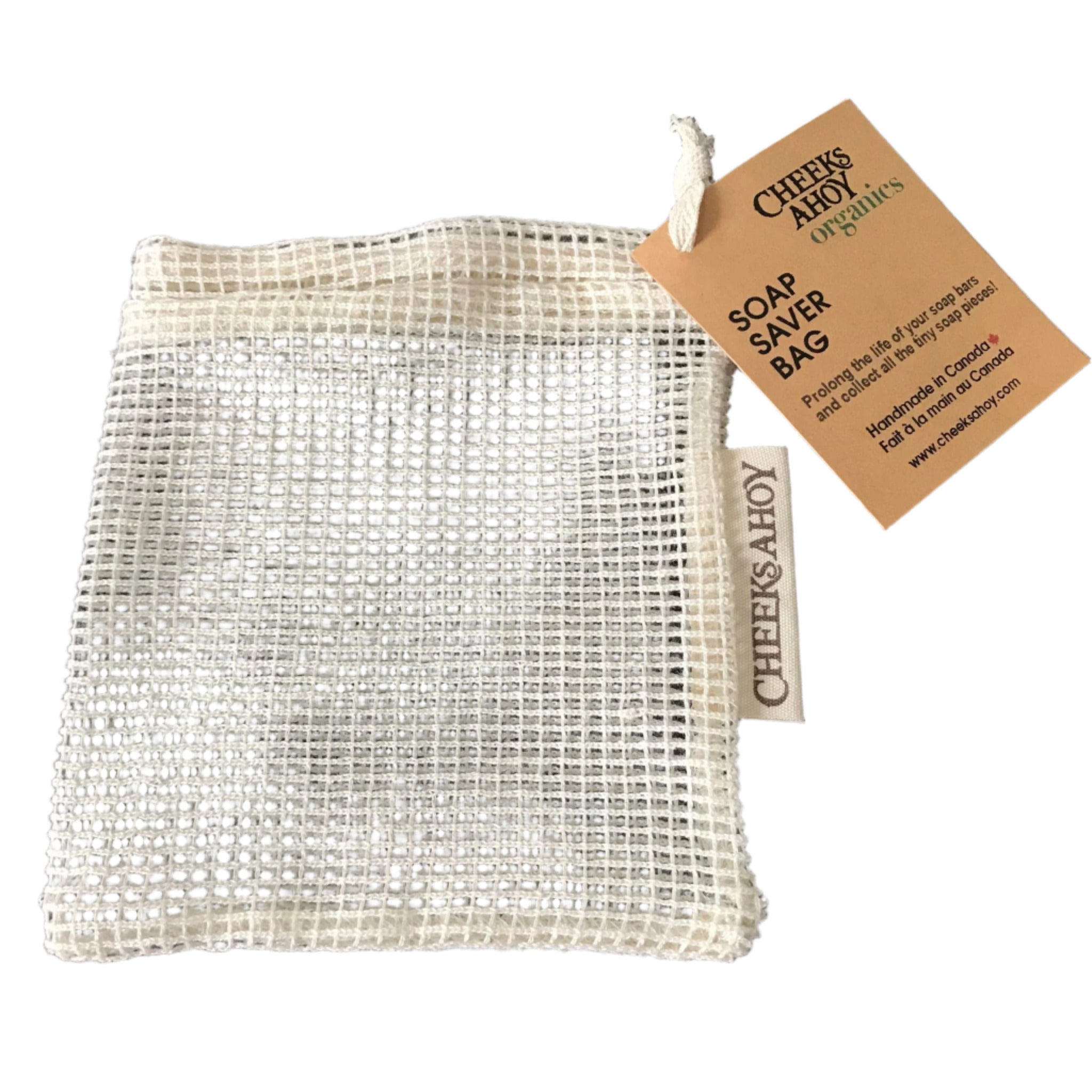 Prolong the life of your soap bars and collect all the tiny soap pieces in a mesh soap saver bag made in Canada of organic cotton and handmade by Cheeks Ahoy