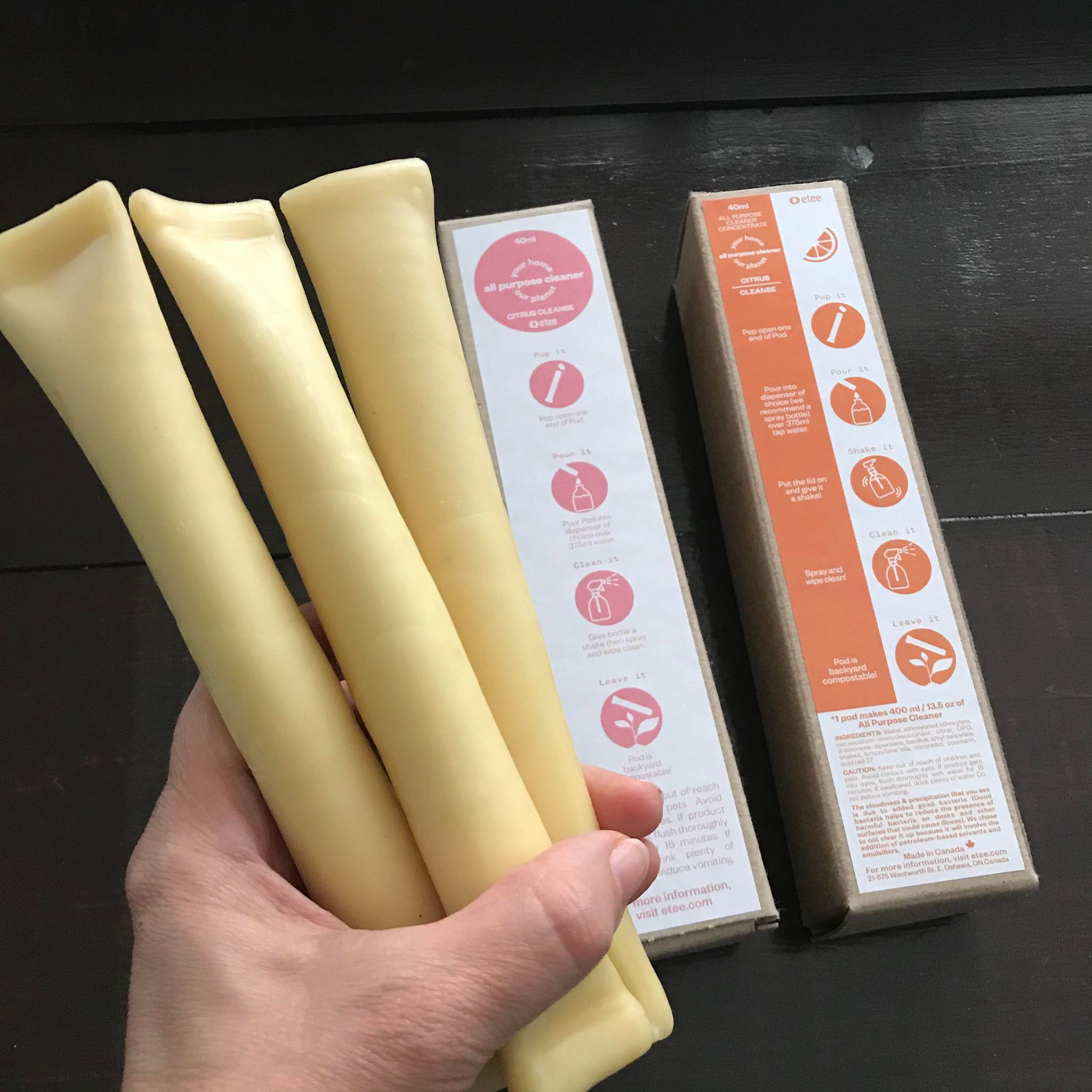 These Canadian made all purpose cleaner concentrated from etee come in a 3 pack of biodegradable pods each one makes up a 375 ml spray bottle (just add water).