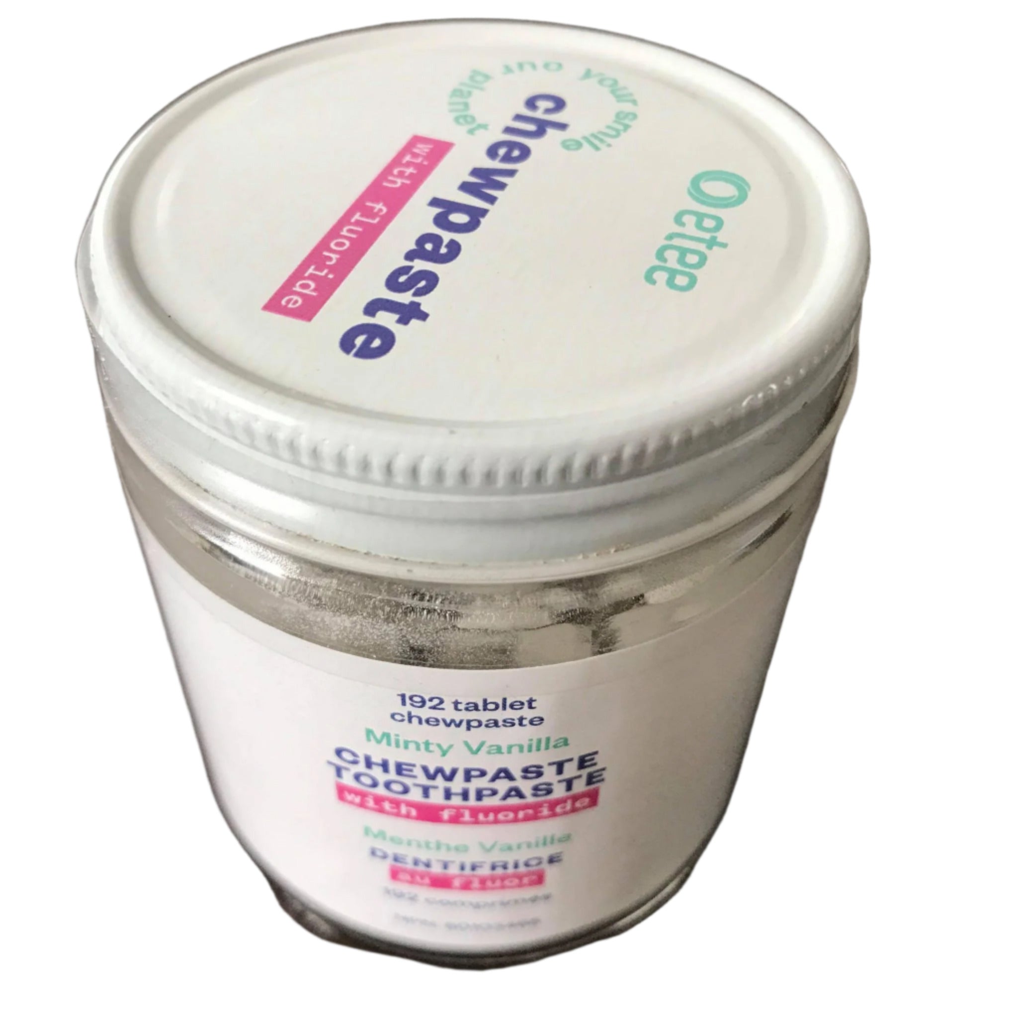 three month supply 192 chewpaste fluoride toothpaste tablets in glass jar made by the canadian company etee