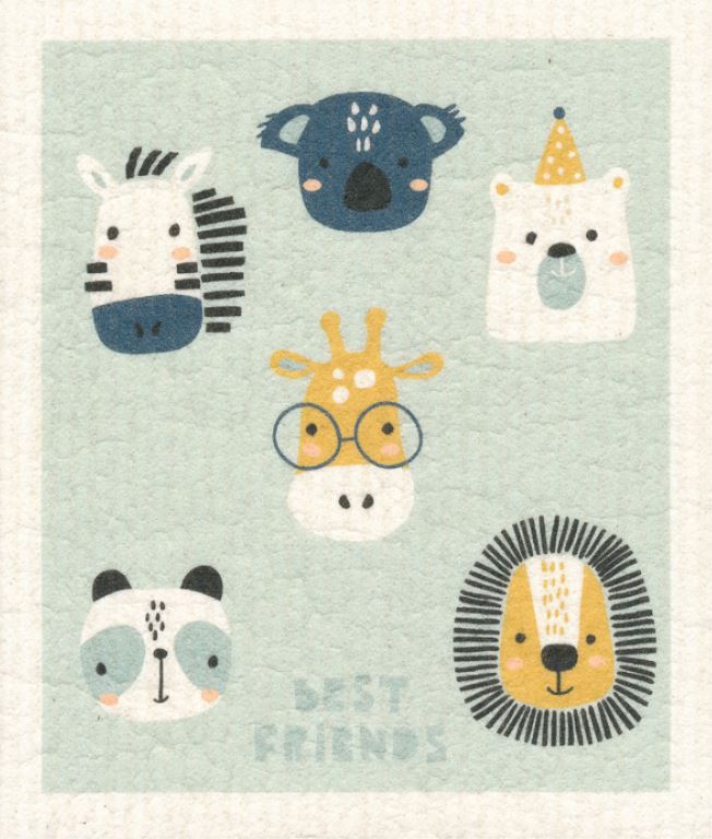 more joy swedish sponge dish cloth available in canada with a five animal friends and the words best friends on a greyish green background
