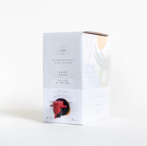 blood orange, bergamot lime and sandalwood essential oil scented natural hand soap in a 3 L refill box made in Canada by The Bare Home company based in Ontario