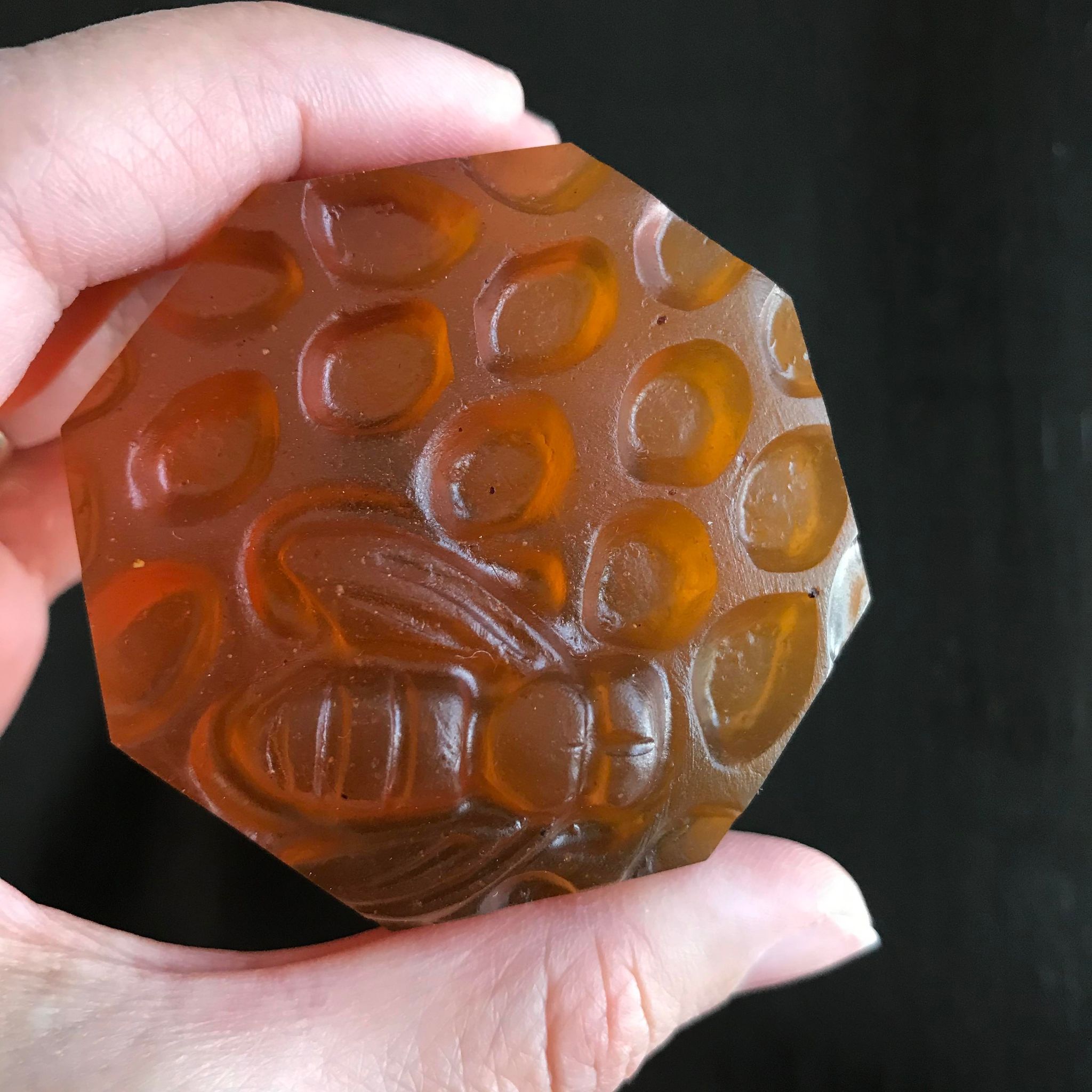 honey bee vegetable glycerin saop in an octagon honey comb shape with bee made in canada by simply natural canada
