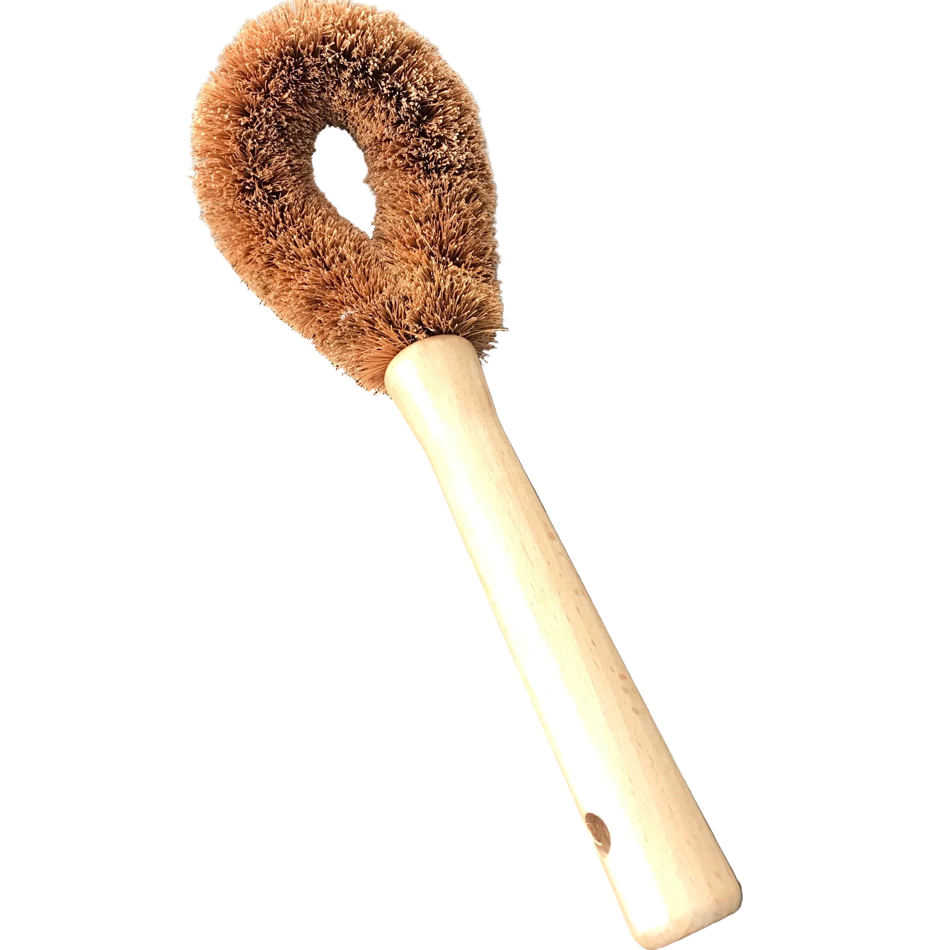 Multi-purpose curved top scouring brush with coconut husk bristles and a beechwood handle on a white background.