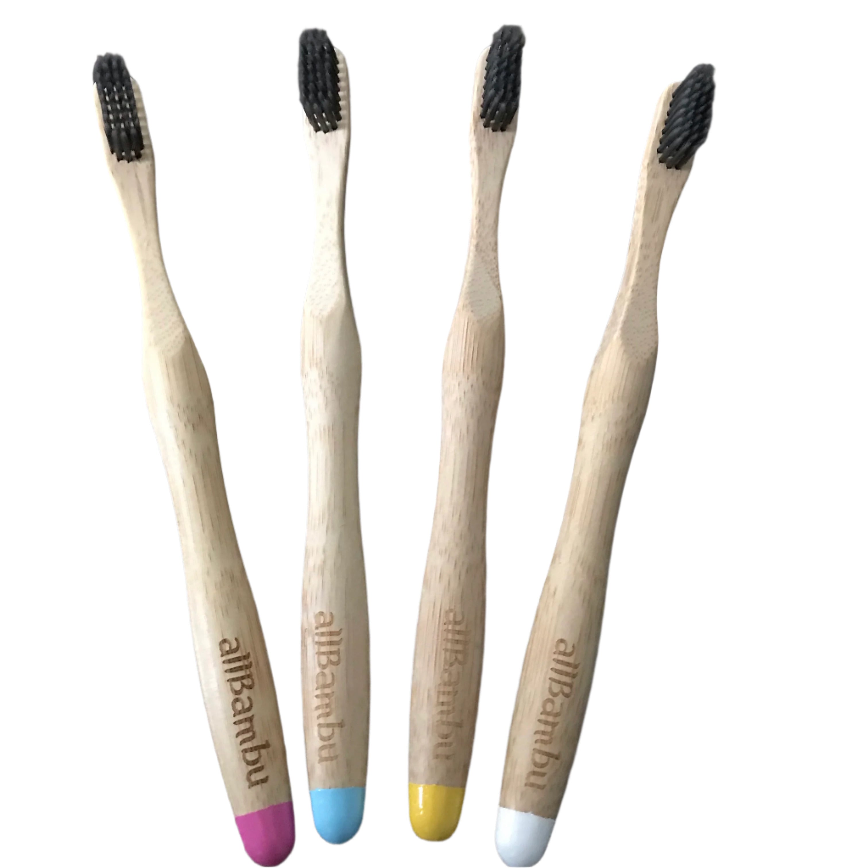 set of 4 soft allBamboo bamboo toothbrush in canada with of each color tip in pink, blue, yellow and white.