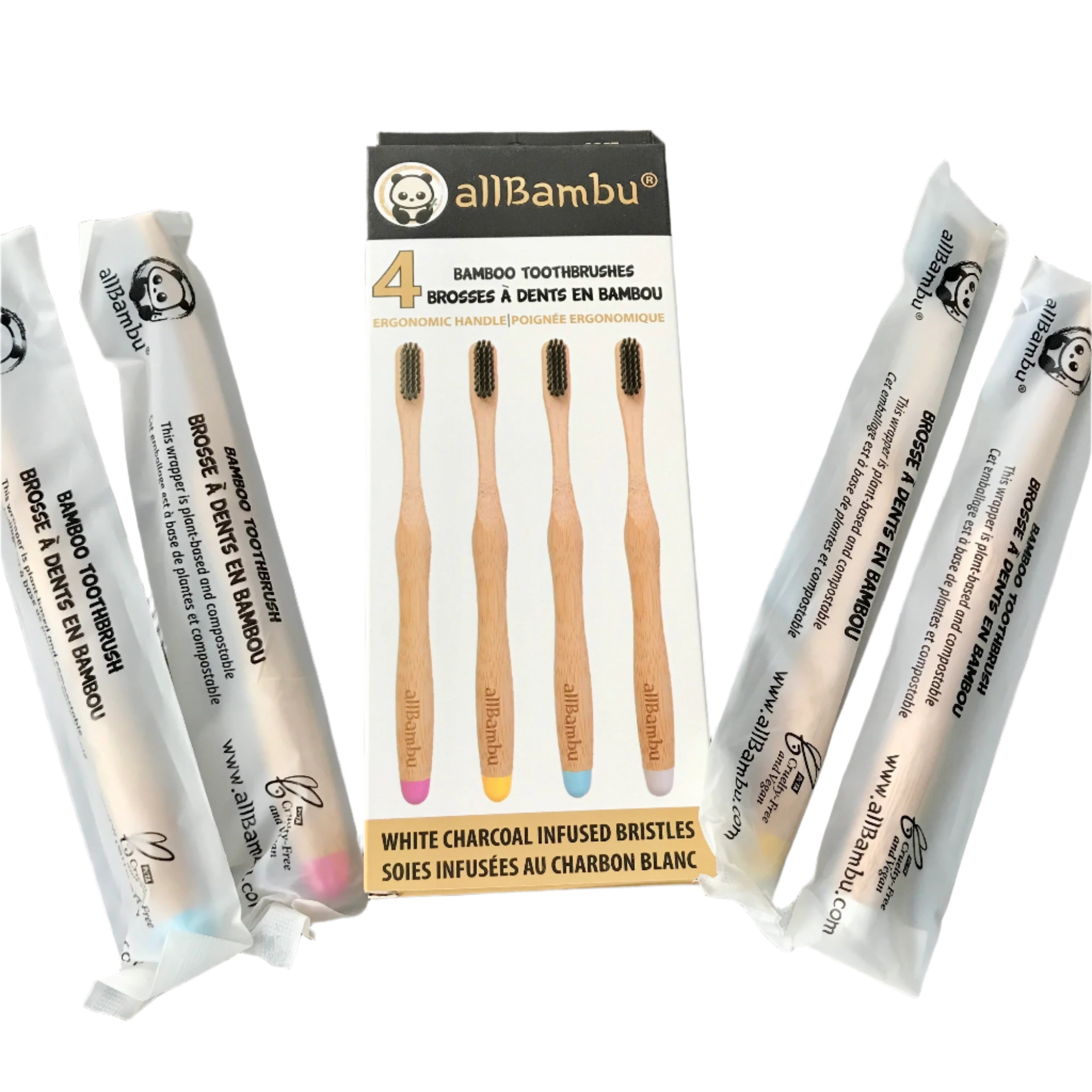 Boxed set of 4 soft allbambu biodegradable bamboo toothbrush with charocoal bristles with four different color tips