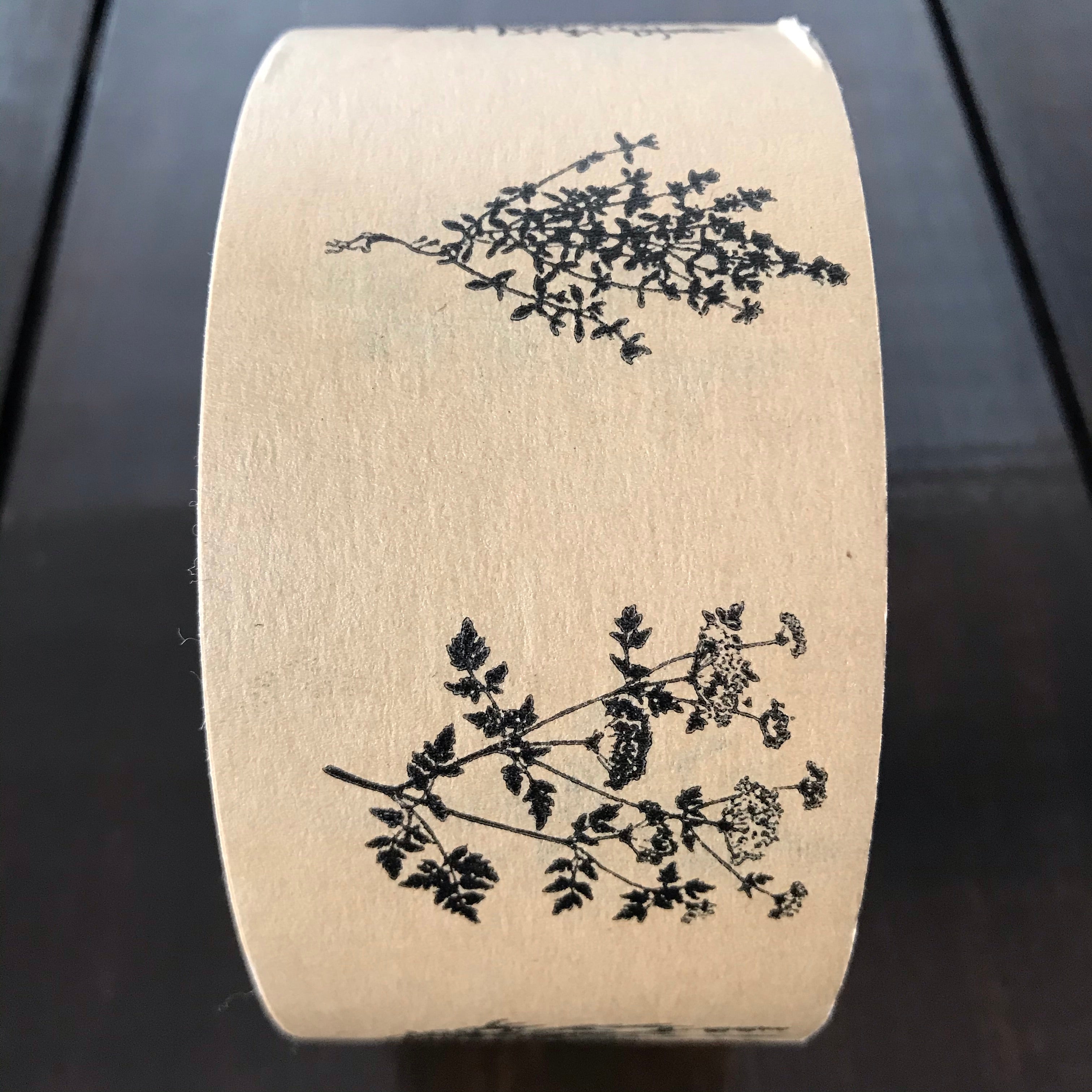 Goldrick Natural Living 50 mm brown recyclable paper tape printed with a wild herb pattern