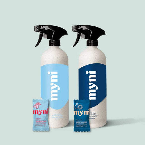 Set of two 750ml myni wheat straw spray bottles and one each of all purpose 'passion punch' and glass and mirror 'norderland' cleaning tablets made in Canada