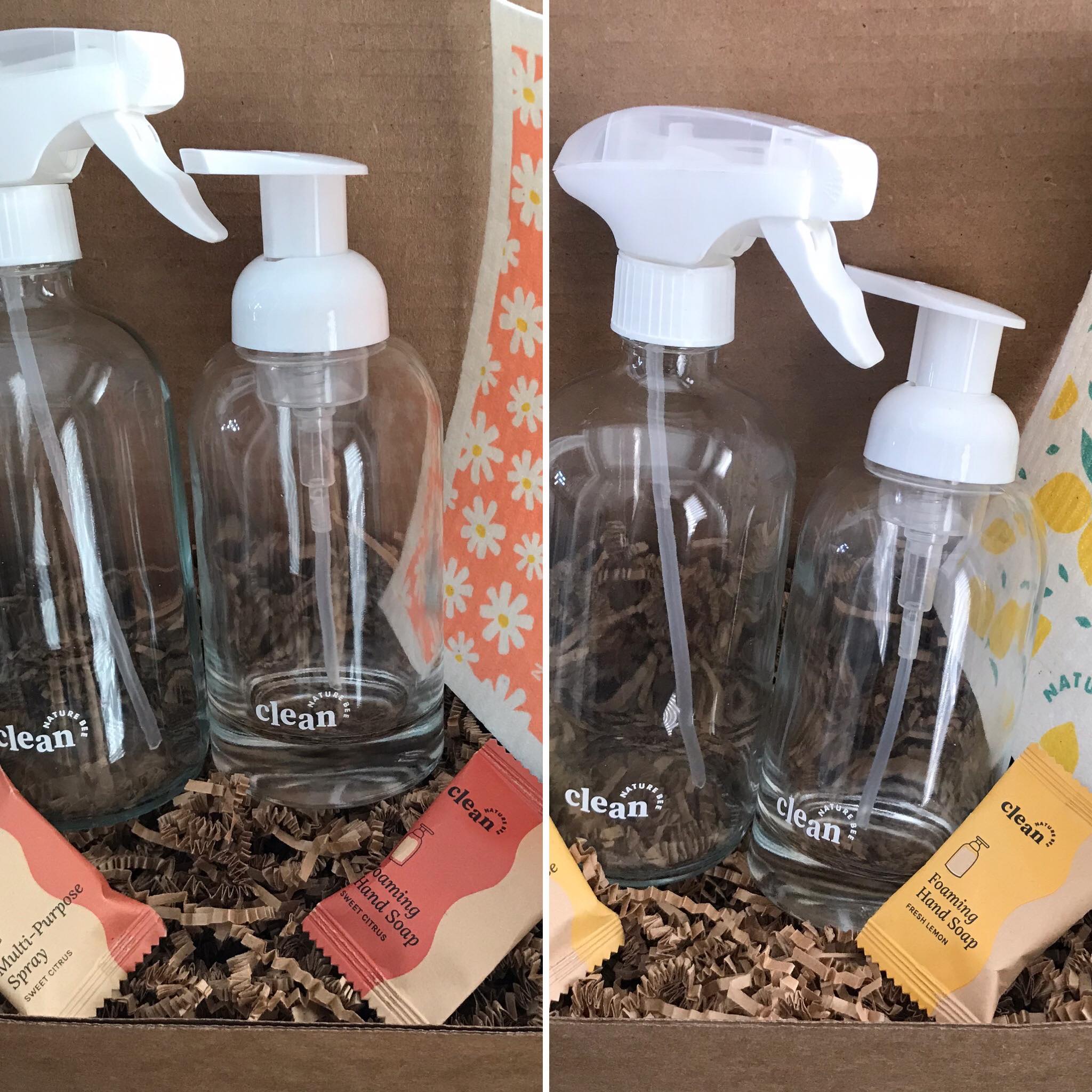 Each Nature Bee Clean starter kit includes 1 Swedish sponge cloth, 1 sweet citrus or fresh lemon foaming hand soap tablet, 1 sweet citrus or fresh lemon multi-purpose spray tablet , 1 glass soap dispenser and 1 glass spray bottle