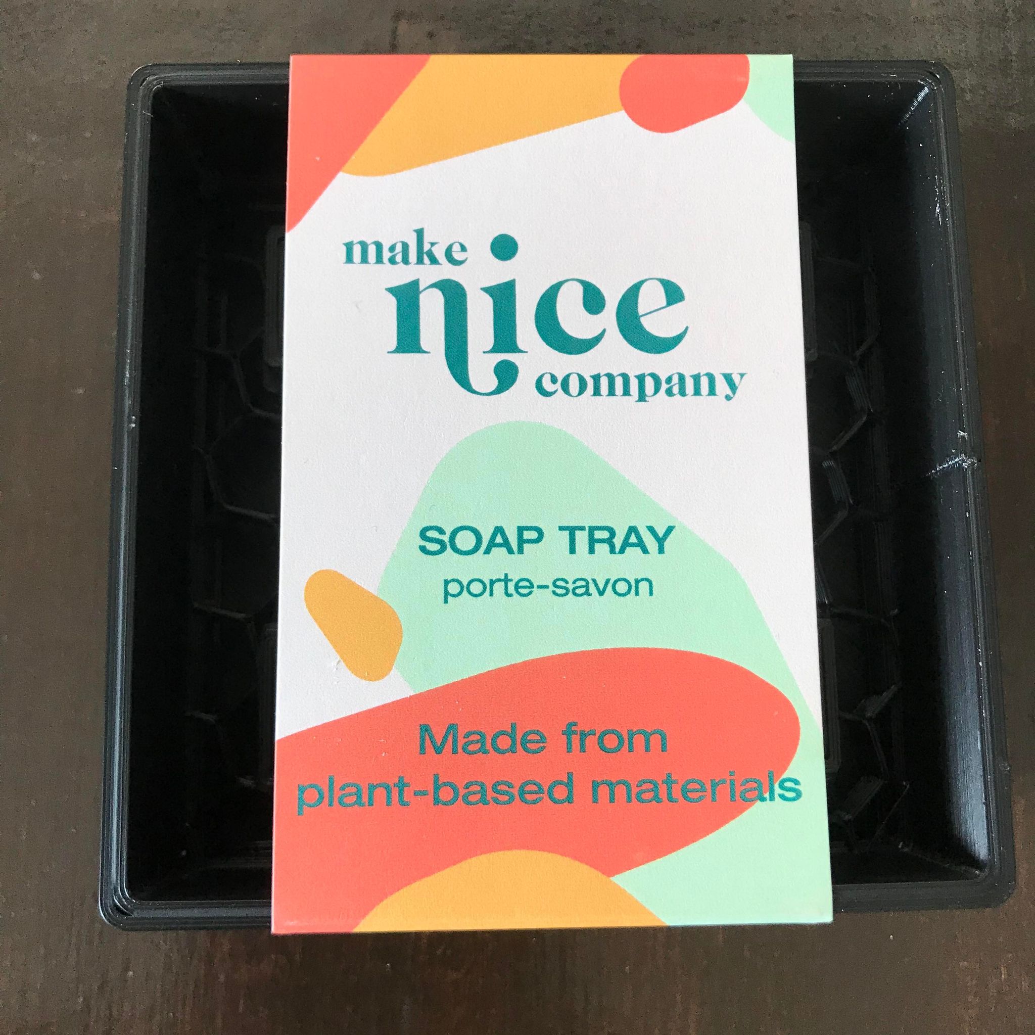 Black square 3D printed soap tray for solid dish soap cube made in Canada by the Make Nice Company from plant-based materials
