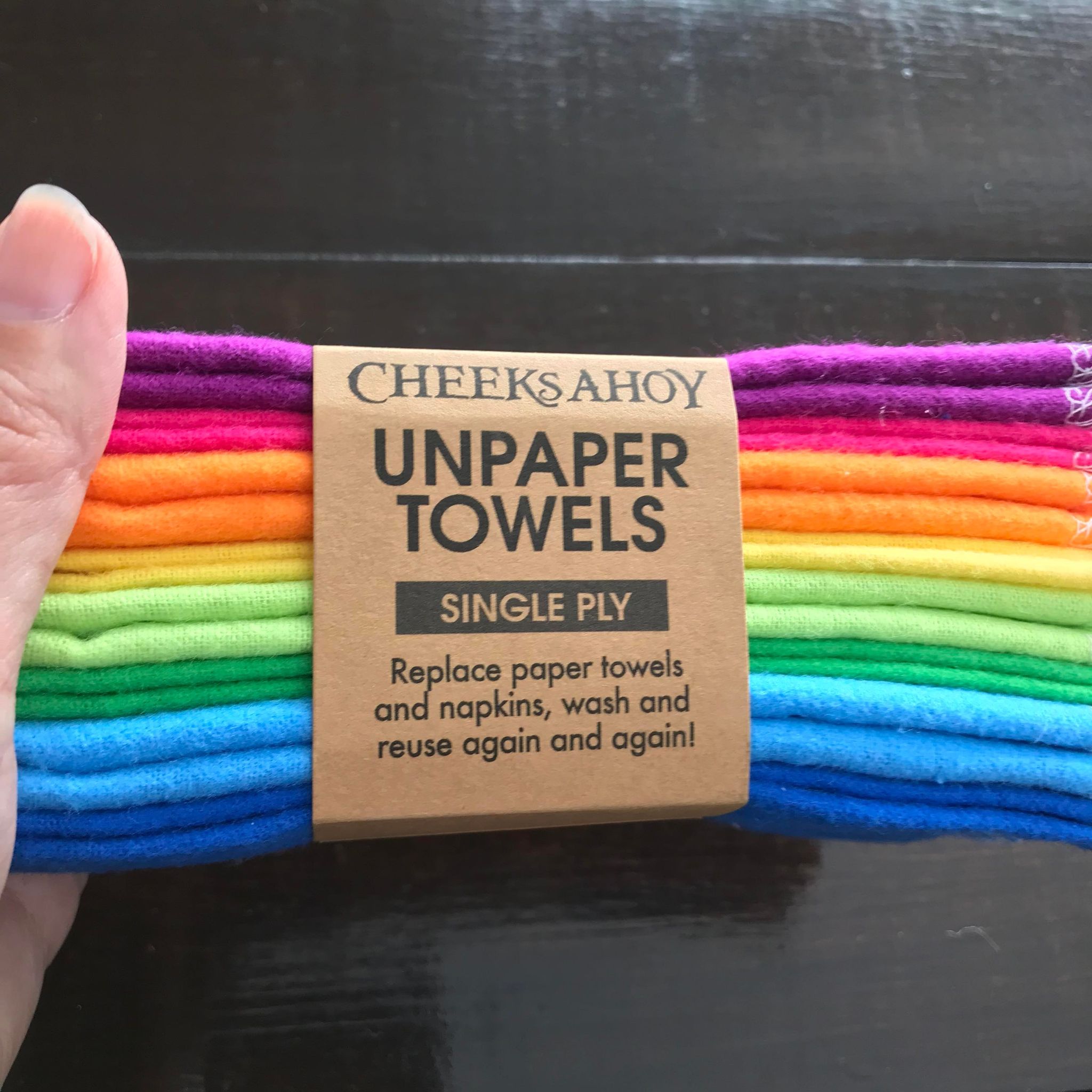 Set of 8 single ply cotton Unpaper Towels in rainbow colours handmade in Canada by Cheeks Ahoy replace paper towels and napkins, wash and reuse again and again