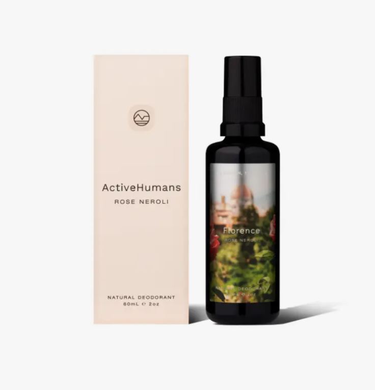 Rose Neroli scented refillable vegan spray deodorant in 60 ml glass bottle made in Canada by Active Humans