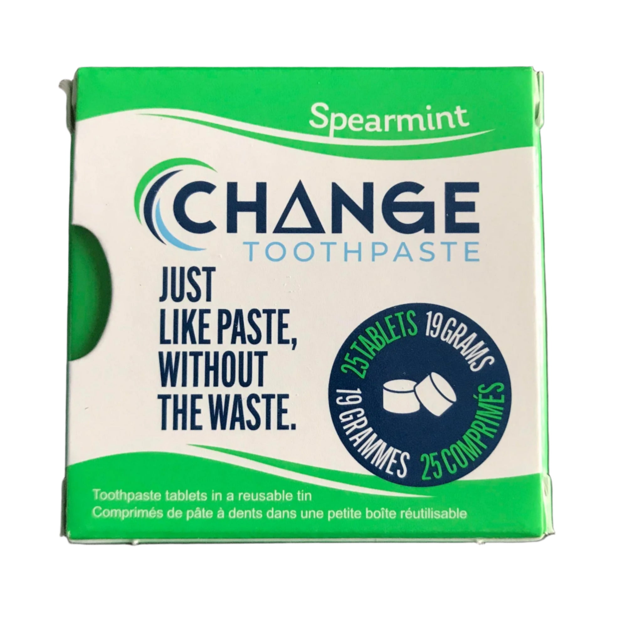 Canadian made Change Toothpaste spearmint toothpaste tablets 25 count in travel tin packaged in a zero waste cardboard box on a white background
