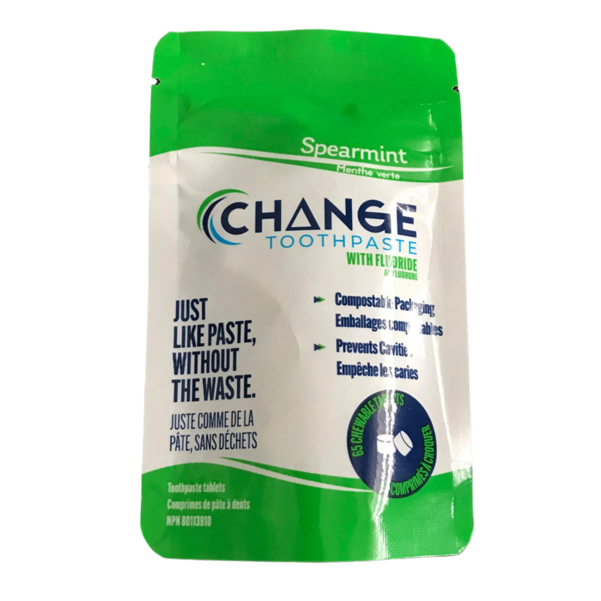 Change Toothpaste Spearmint tablets with fluoride in 1-month compostable pouch – Canadian made eco-friendly oral care on a white background