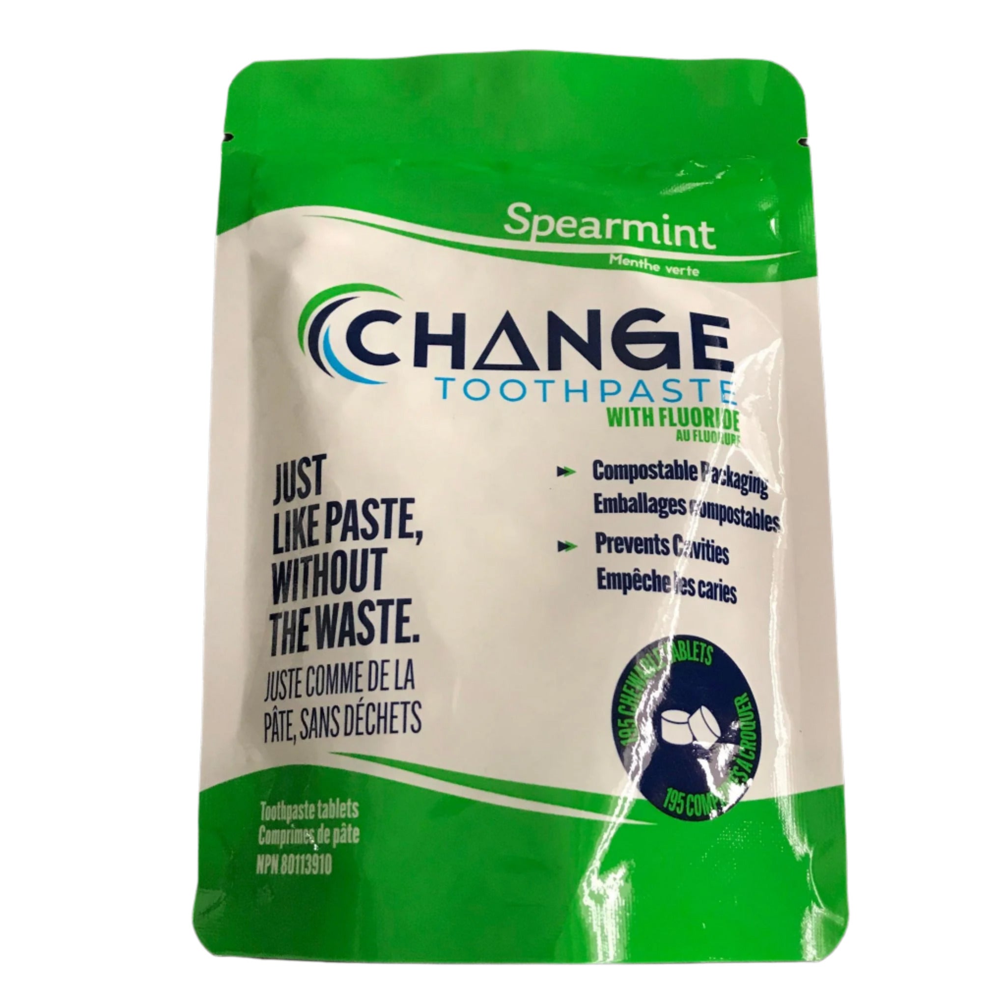 Change Toothpaste Spearmint tablets with fluoride in a 3 month compostable refill pouch of 195 tablets – Canadian made eco-friendly oral care
