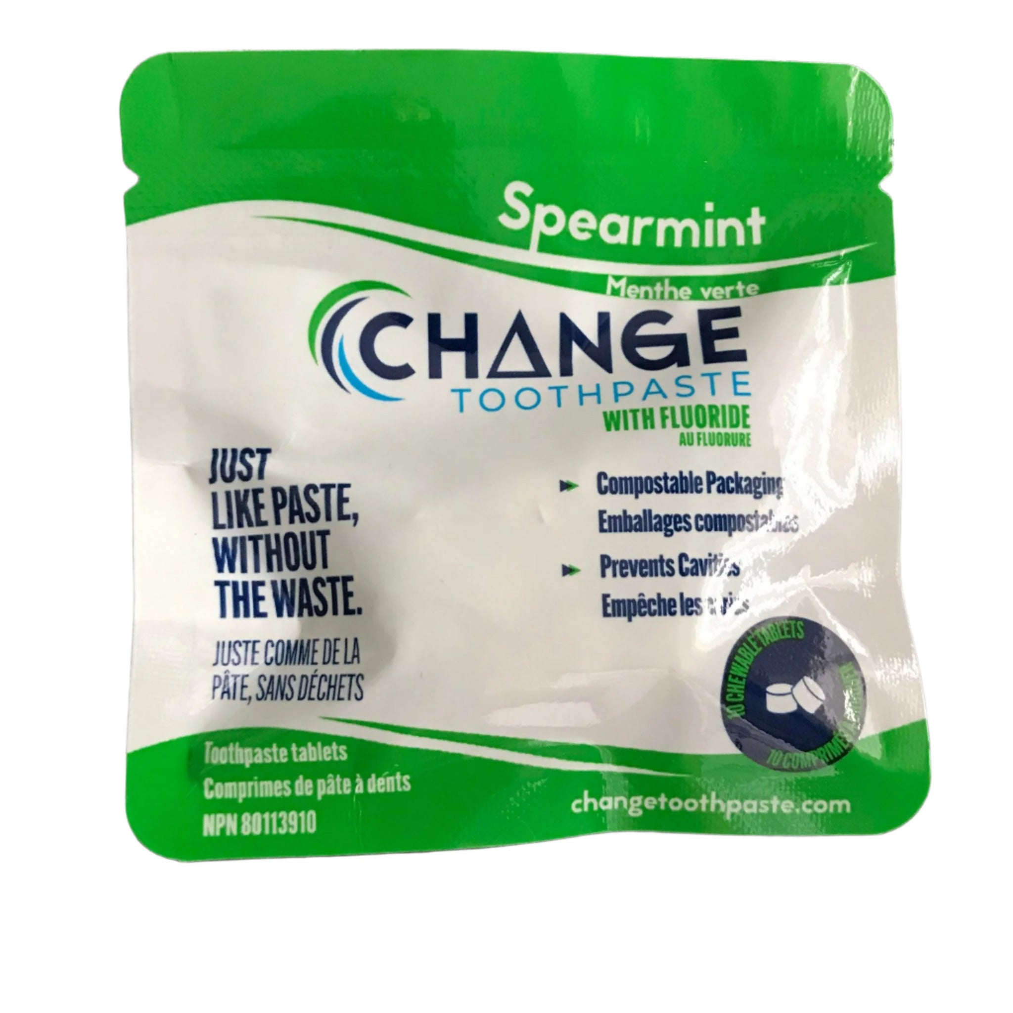Change Toothpaste Spearmint with fluoride sample pack of 10 toothpaste tablets – plastic-free, Canadian made zero-waste dental care in compostable packaging