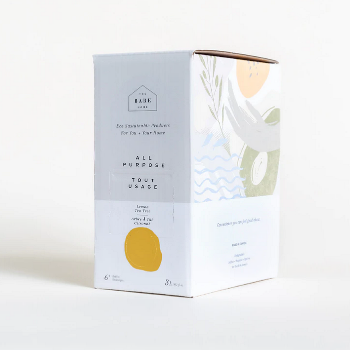 Lemon tea tree essential oil scented natural all purpose cleaner in a 3 L at home refill box made in Canada by The Bare Home company based in Ontario