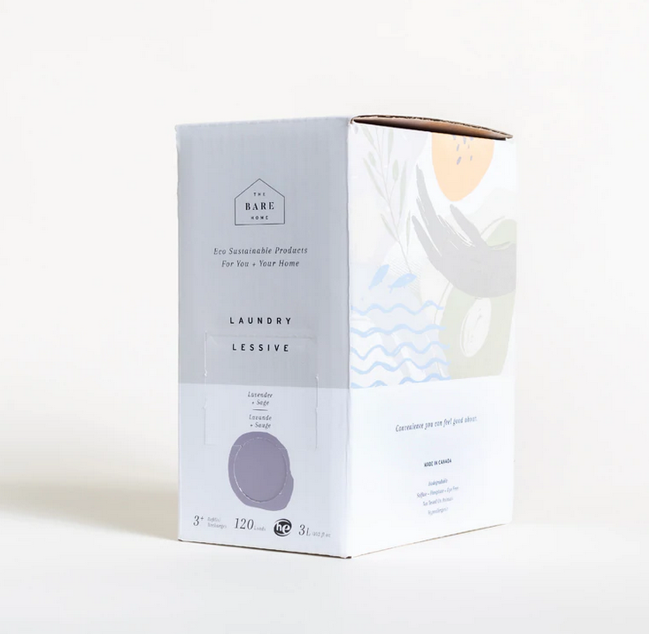 Lavender sage essential oil scented natural liquid laundry detergent in a 3 L at home refill box both of which are made in Canada by The Bare Home company based in Ontario