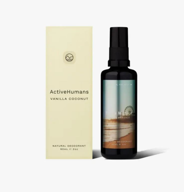 vanilla coconut scented vegan spray deodorant in refillable 60 ml glass bottle made in Canada by Active Human