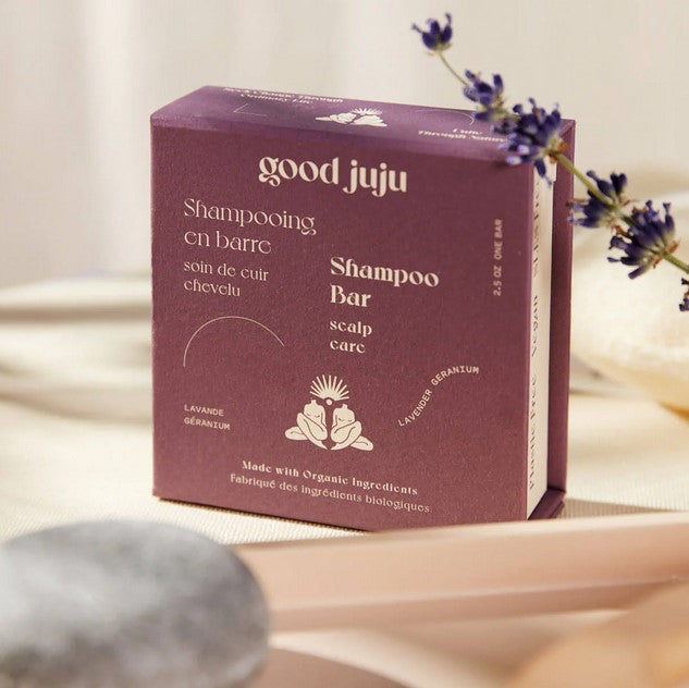 This Canadian made Good Juju Scalp Care bare is available in a lavender geranium scent. Citrusy, fruity, and floral, these organic essential oils come together to promote calmness and reduce stress and anxiety.