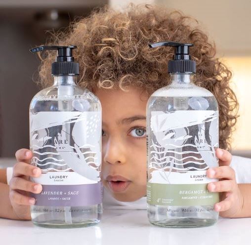 We stock two lovely Laundry by The Bare Home products - a lavender sage and a bergamot lime liquid laundry detergent which are available in refillable pump top glass bottles (38 load) and 3 L at home refill boxes. 