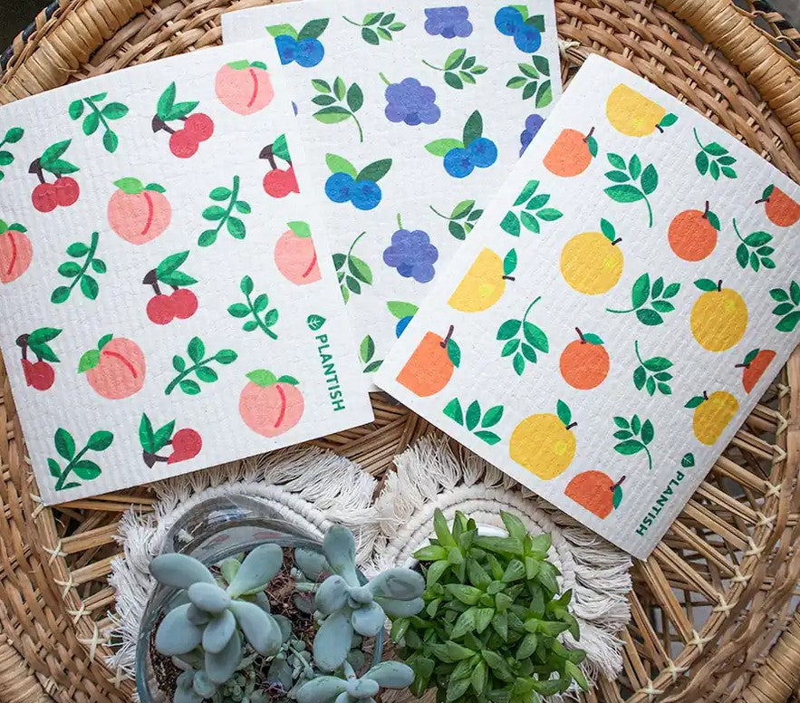 These plant-based sponge cloths from Plantish are in 3 fruit patterns are an example of the set of three available in our Plantish Swedish Sponge Cloth collection