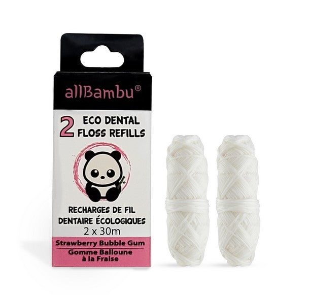 Make your dental care routine a refreshing and eco-conscious experience with the allBambu Strawberry Bubble Gum Eco Dental Floss. Your smile deserves the best, and so does the planet!  Available as a single floss in a glass tube or as two refills.