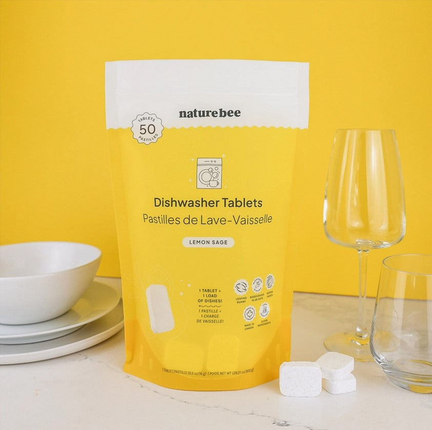 Plastic-free dishwasher tablets in a  lemon sage scent by Nature Bee comes packaged in a recyclable bag of 50.