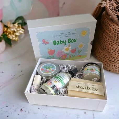 This Canadian made Baby Box gift set includes a baby soap, baby butt balm (unscented and infused with the healing power of calendula flowers), a jar of baby butter, a sweet dreams aromatherapy stick and a nursery room spray to keep things fresh