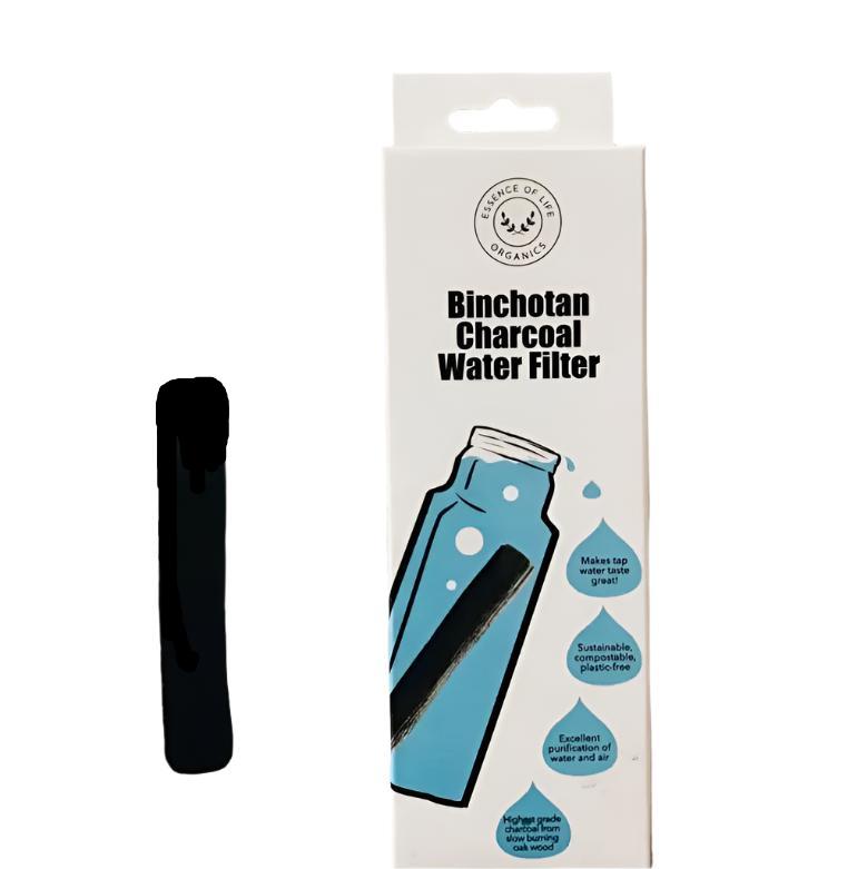 This Essence of Life Organics Binchotan Charcoal Water Filter comes in a box which is shown on a white background next to the thin black filter. The wording on the box includes makes tap water great, sustainable, compostable, plastic free, excellent purification of water and air, highest grade charcoal form slow burning oak wood.