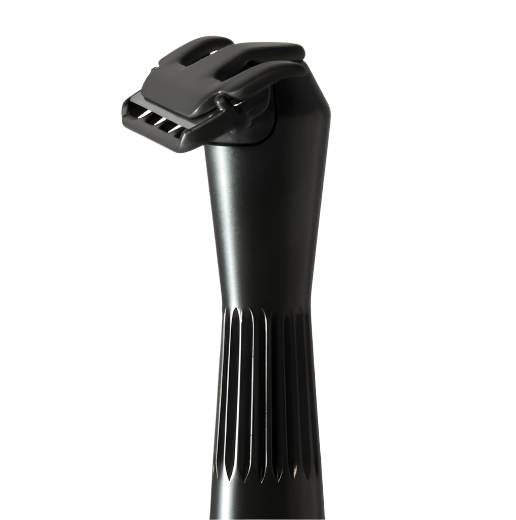 Angled view of the Twig Razor in matte black showing ergonomic handle and compact razor head