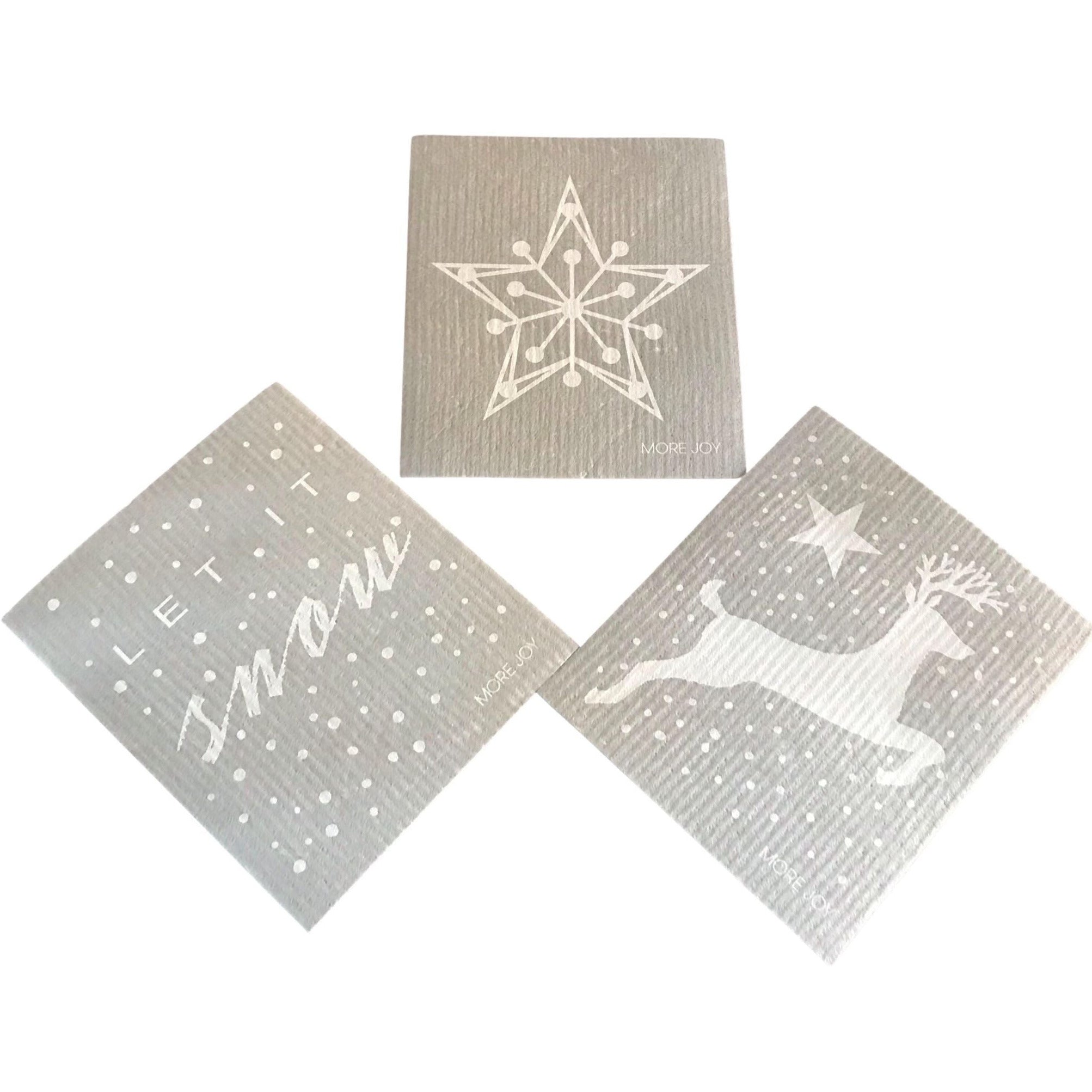 Introducing our charming Christmas Snow Swedish Dish Cloths - Set of 3, your ultimate partners for a wide array of household tasks, from tackling spills to adding a gleaming finish to surfaces. This set features three enchanting designs - Let It Snow, Star of Pearls, and Reindeer in Snow, each bringing a touch of winter wonder to your home.