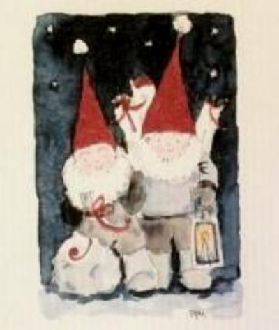 This More Joy Christmas themed Swedish dishcloth features an artist drawing of two elves with santa hats and beards carrying sacks of presents and a lantern. The background in dark blue with a white border.