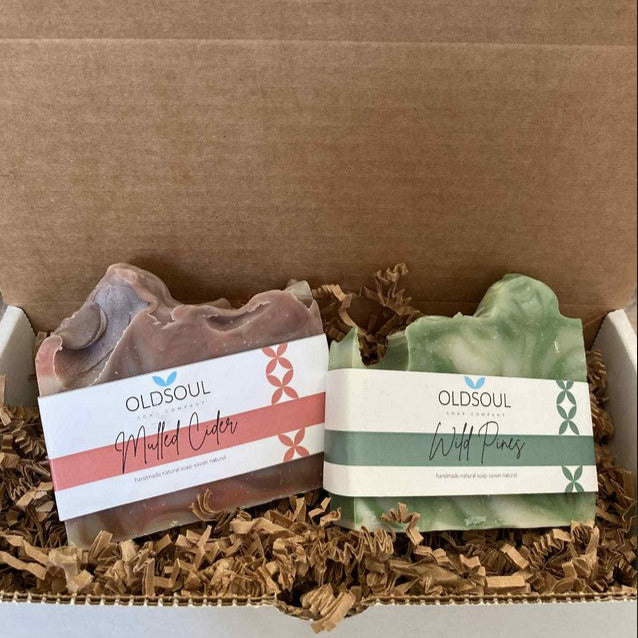 Holiday Soap Gift Box featuring Mulled Cider and Wild Pines artisan soaps by Old Soul Soap Company – handcrafted Canadian natural soap gift set