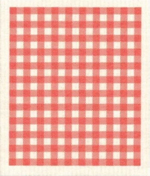 Compostable eco sponge cloth made of cellulose and cotton featuring red gingham against a white background replaces paper towel by absorbing 20x its weight in liquid. Size 20 x 17 cm