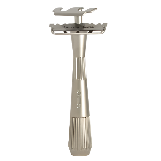 Twig Razor in Silver with exposed blade and "I am not plastic" engraving – plastic-free precision razor ideal for face and body shaving
