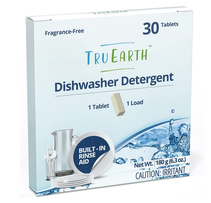Tru Earth Dishwasher Detergent Tablets (30 tablets = 30 loads) come in plastic-free, readily recyclable packages. No environmental waste. Each tablet is plastic-free, phosphate-free and chlorine-free.