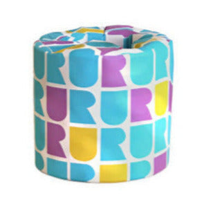 Colourful bamboo toilet paper roll wrapped in blue, purple, and yellow UR typography print – eco-friendly and plastic-free.