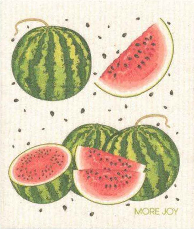 Compostable eco sponge cloth made of cellulose and cotton featuring a delightful watermelon motif that will leave you pining for a taste, replaces paper towel by absorbing 20x its weight in liquid. Size 20 x 17 cm