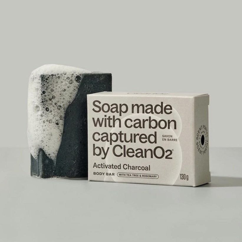 This carbon captured 130 g. activated charcoal based body bar in a box features fresh smelling oils like spearmint, tea tree and rosemary and is made in Canada by CleanO2.