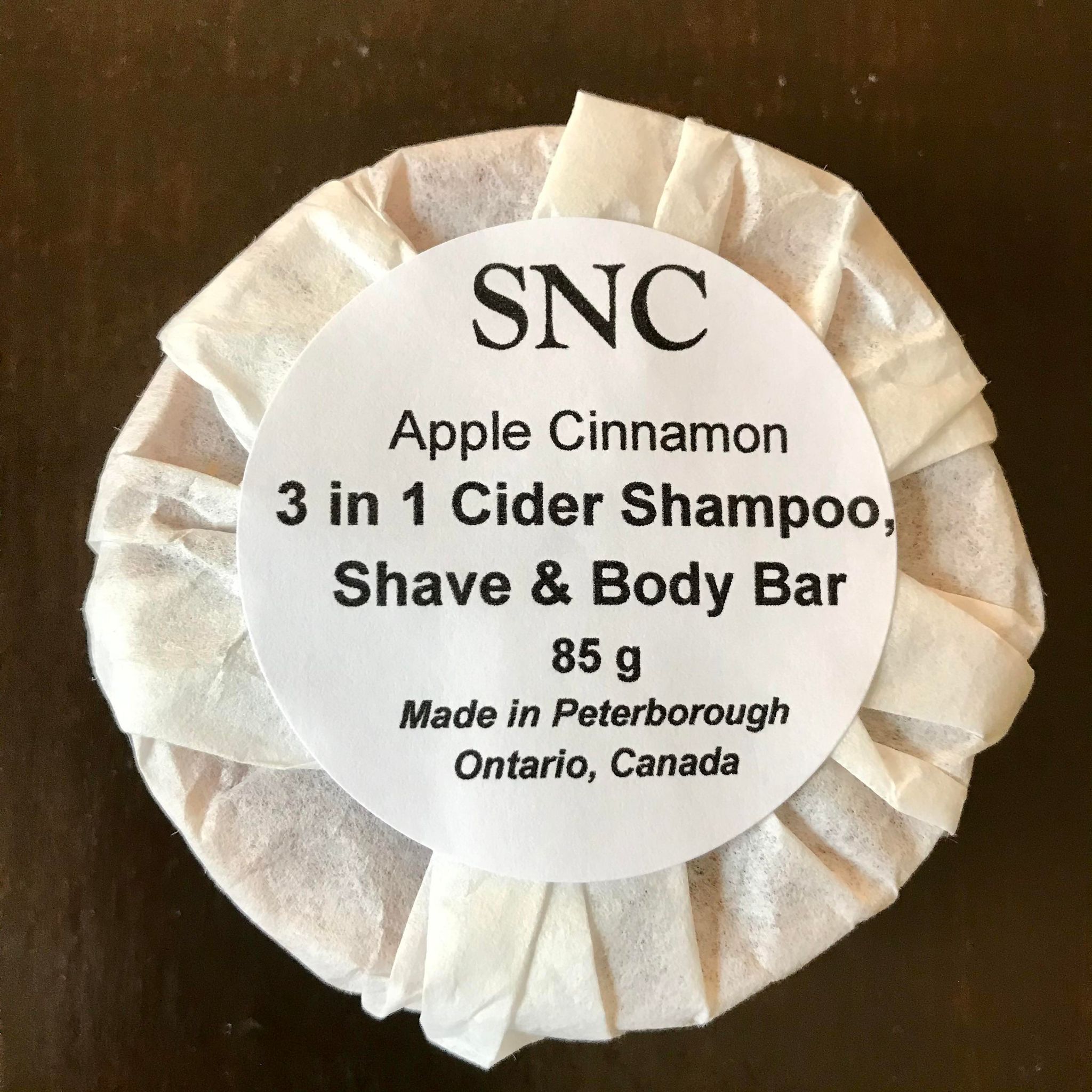 Round apple cinnamon essential oil scented cider shampoo shave  and body bar made in Canada by Simply Natural Canada