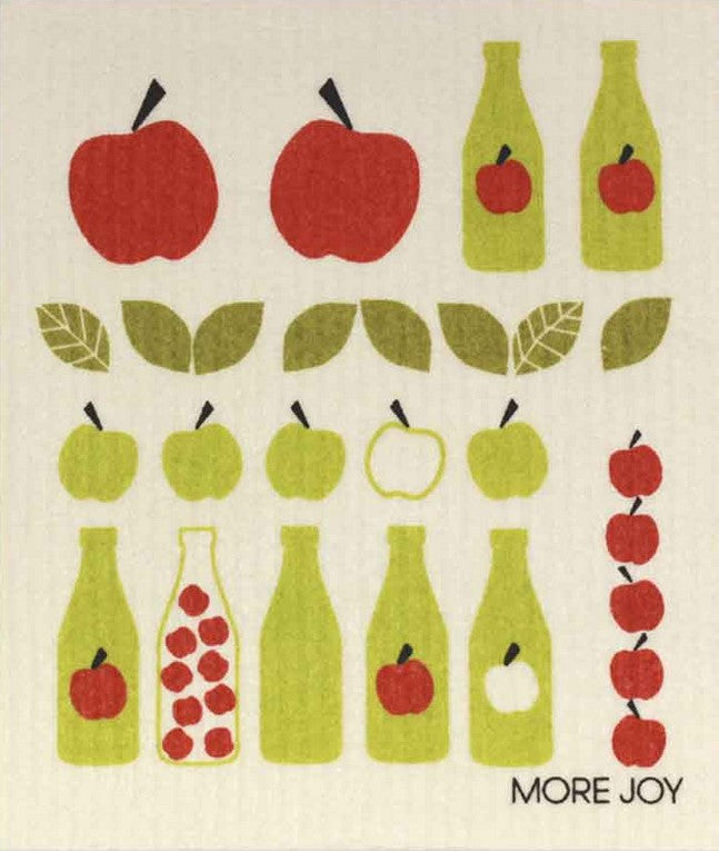 Compostable eco sponge cloth made of cellulose and featuring a delightful artist's rendering of apples and juice bottles, replaces paper towel by absorbing 20x its weight in liquid. Size 20 x 17 cm