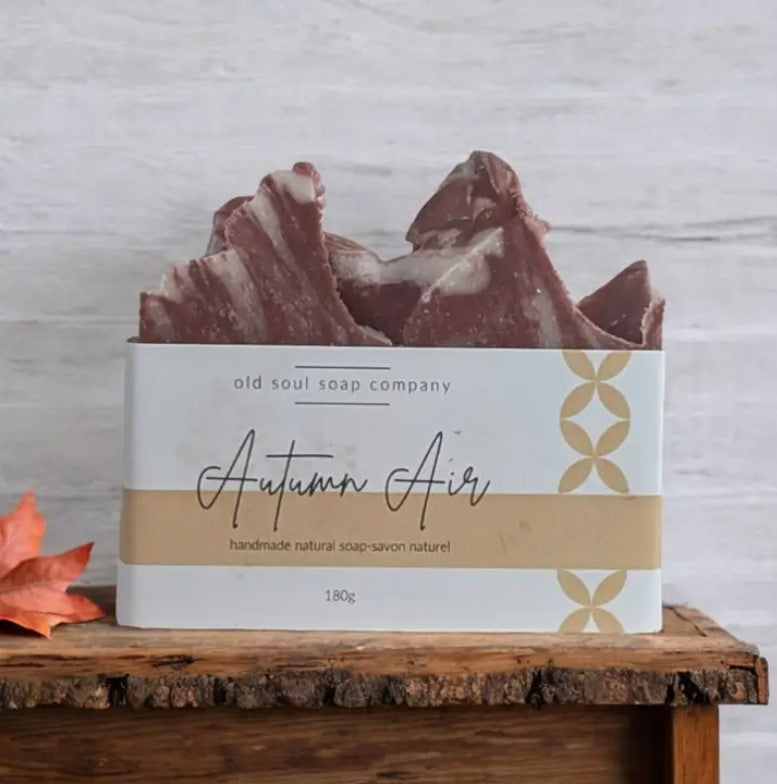 Breathe in the crisp, refreshing scent of Autumn Air 180 g soap by the Old Soul Soap Company - a blend of lavender, eucalyptus, and peppermint. Wash away stress with this invigorating soap bar that will leave your skin feeling soft and clean.