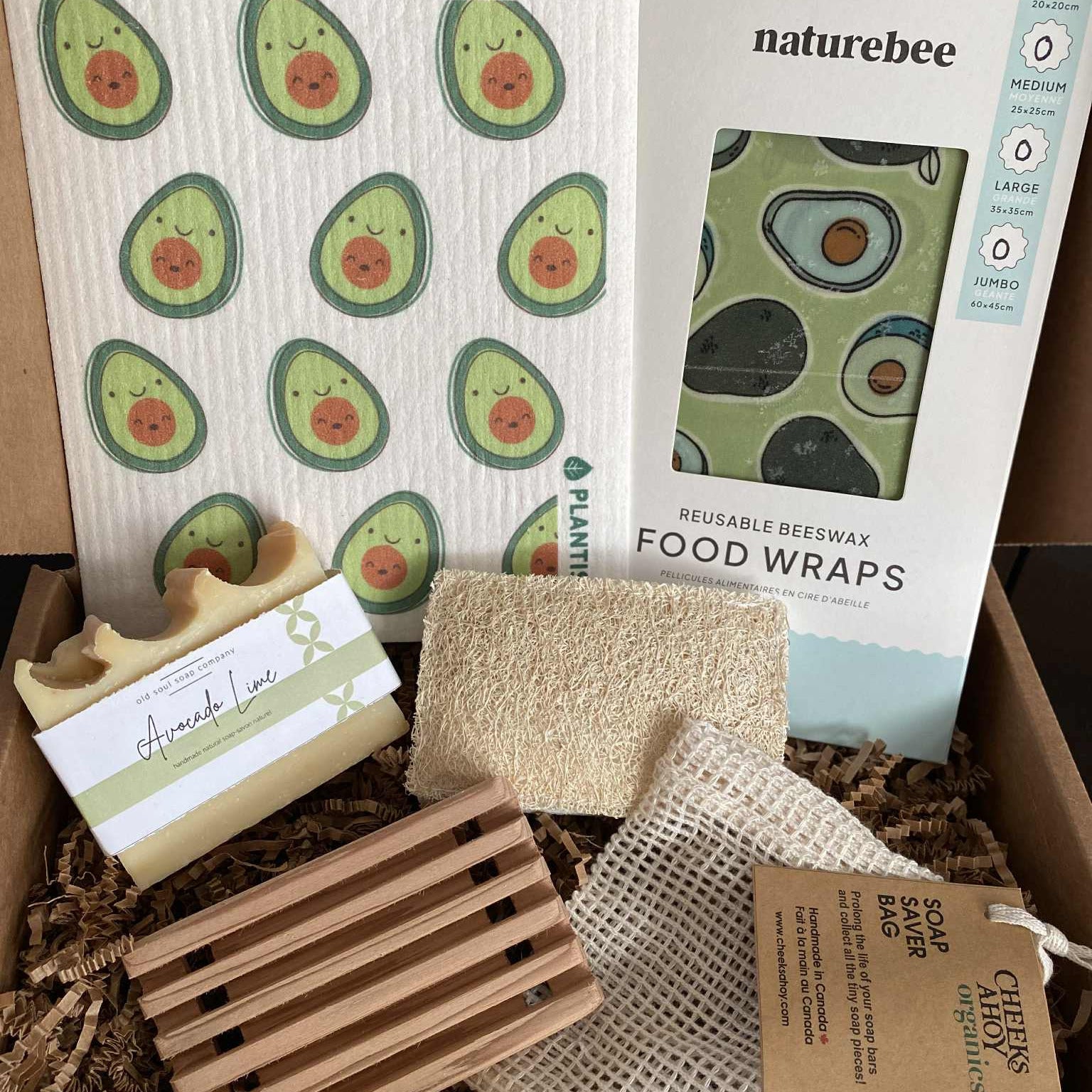 Canadian Brands Avocado Lovers Gift Box with three woven reusable bags, small ceramic avocado-shaped dish, and biodegradable
